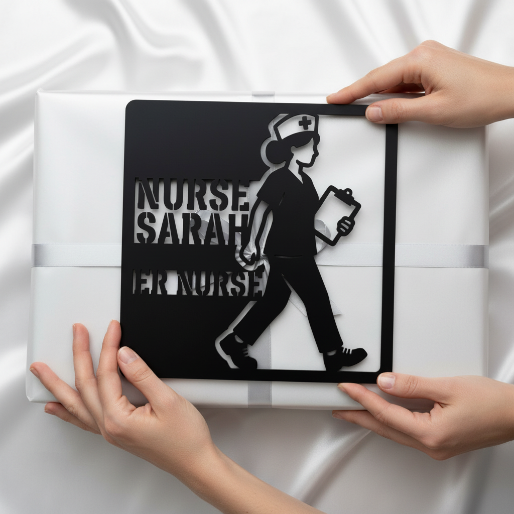 Personalized square nurse metal sign with clipboard, stethoscope and name in black steel – image 7