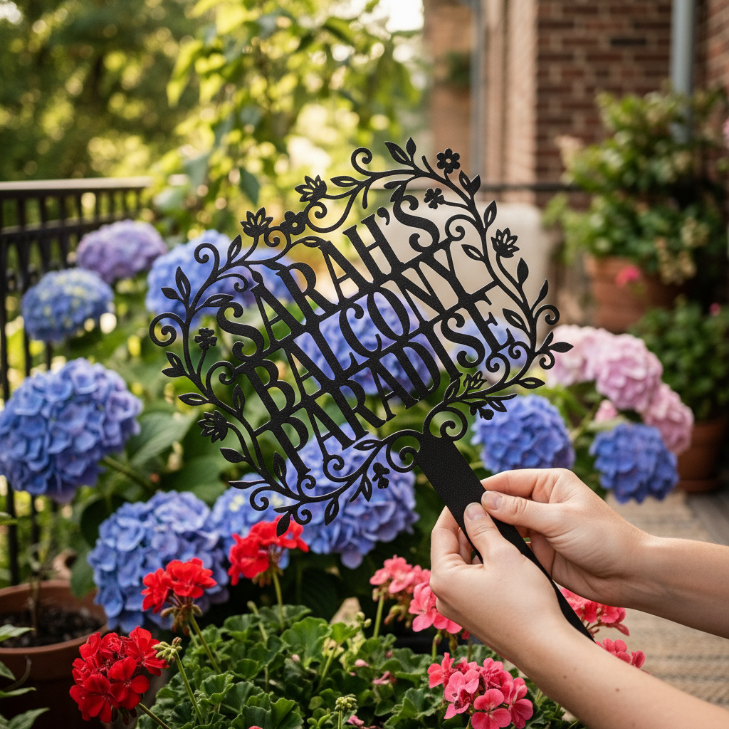 Personalisierter Gartenstecker Balcony Paradise mit Blumenrahmen und Namen aus schwarzem Stahl