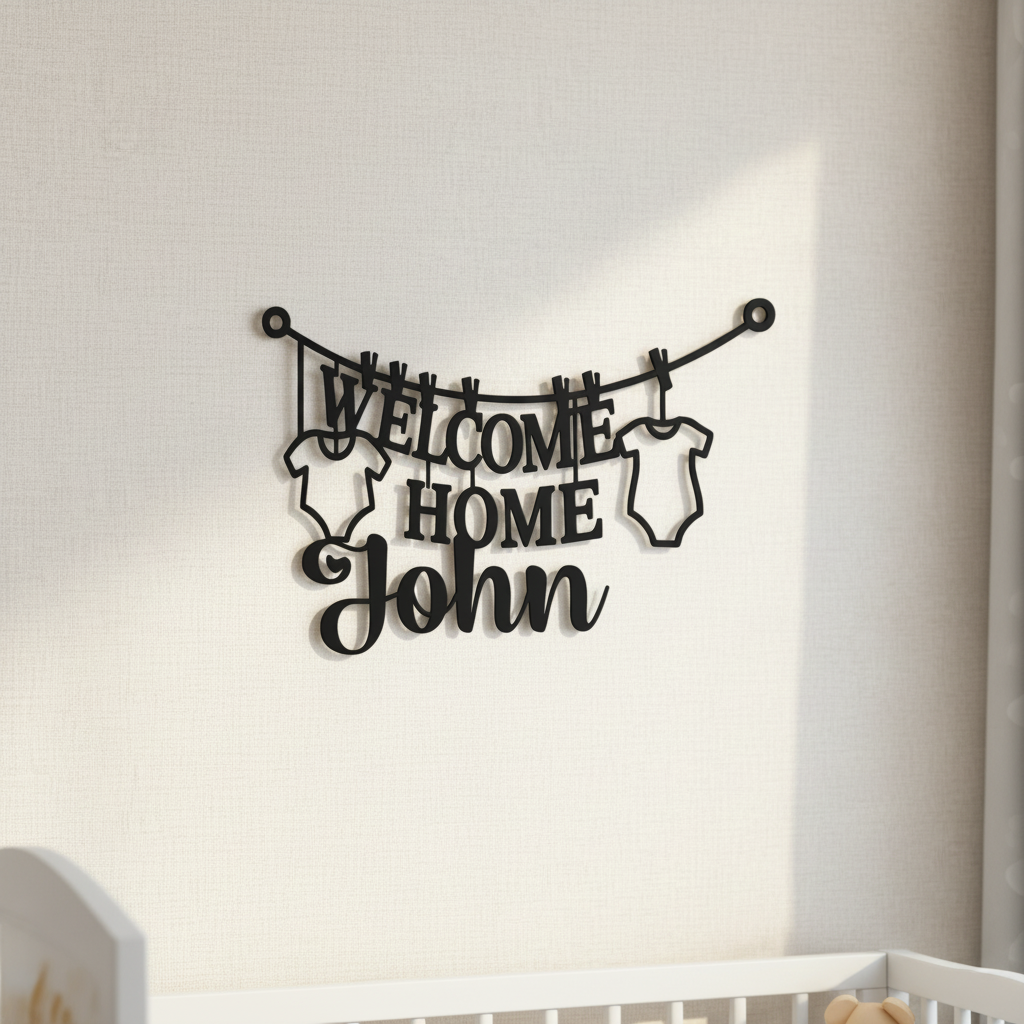 Personalized Welcome Home Baby metal sign with clothesline, name and birth details – image 5