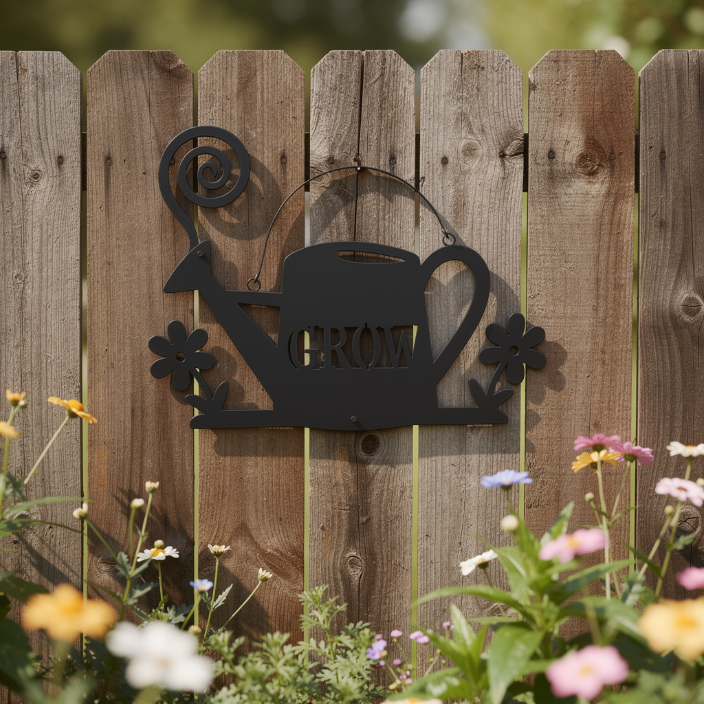 Metallschild Gießkanne mit Blumen aus schwarzem Stahl als Gartendeko – Bild 2