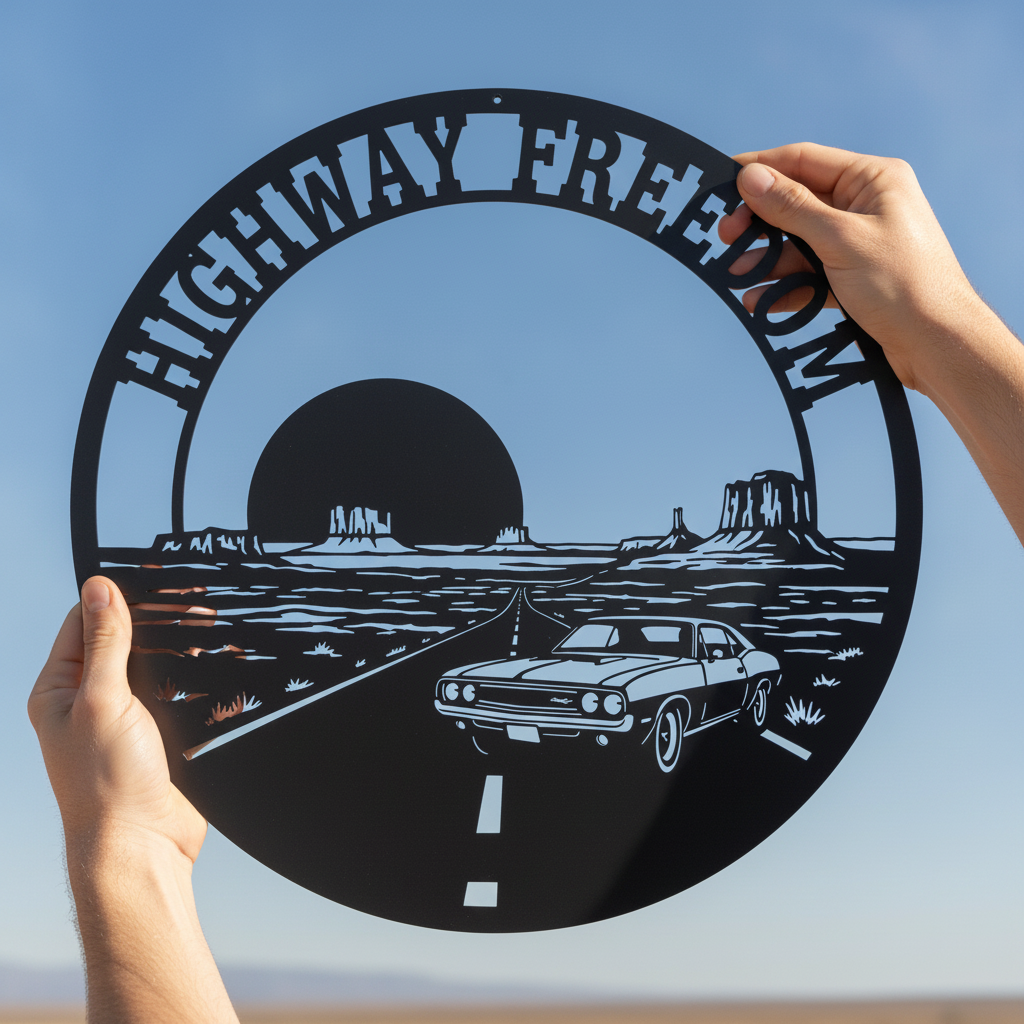 Rundes Route 66 Metallschild „Highway Freedom“ mit Muscle Car aus schwarzem Stahl – Bild 10