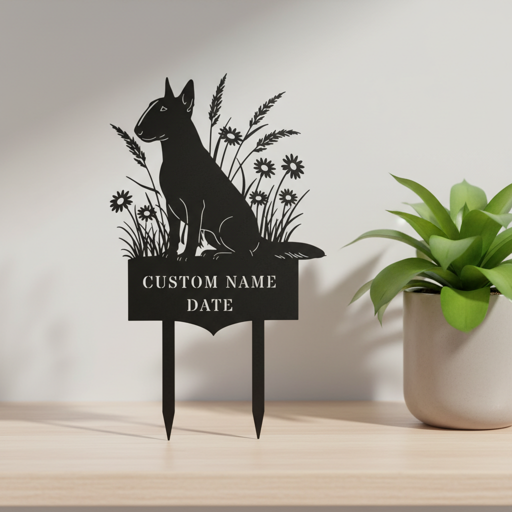 Personalized Bull Terrier memorial garden stake with dog name and dates in black steel – image 3