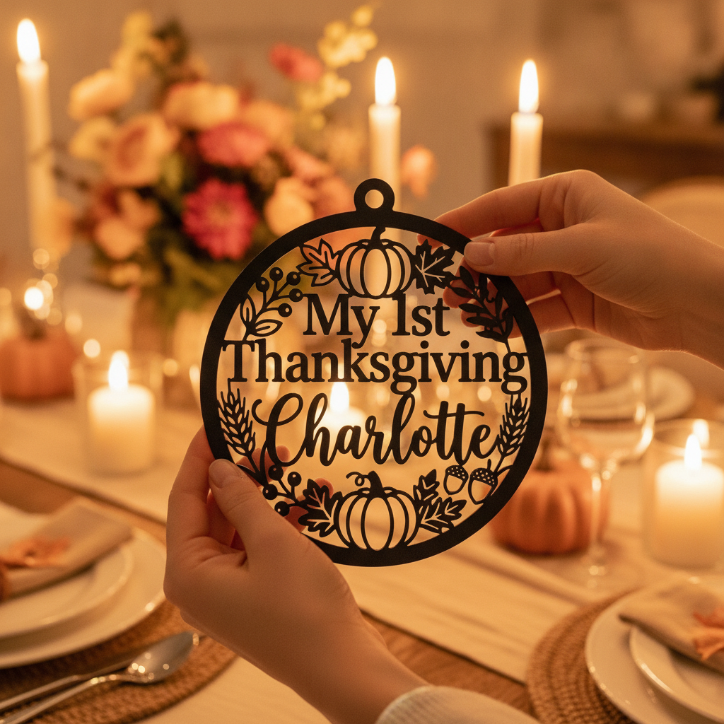 Personalized round My 1st Thanksgiving metal ornament with baby name and fall motifs – image 9
