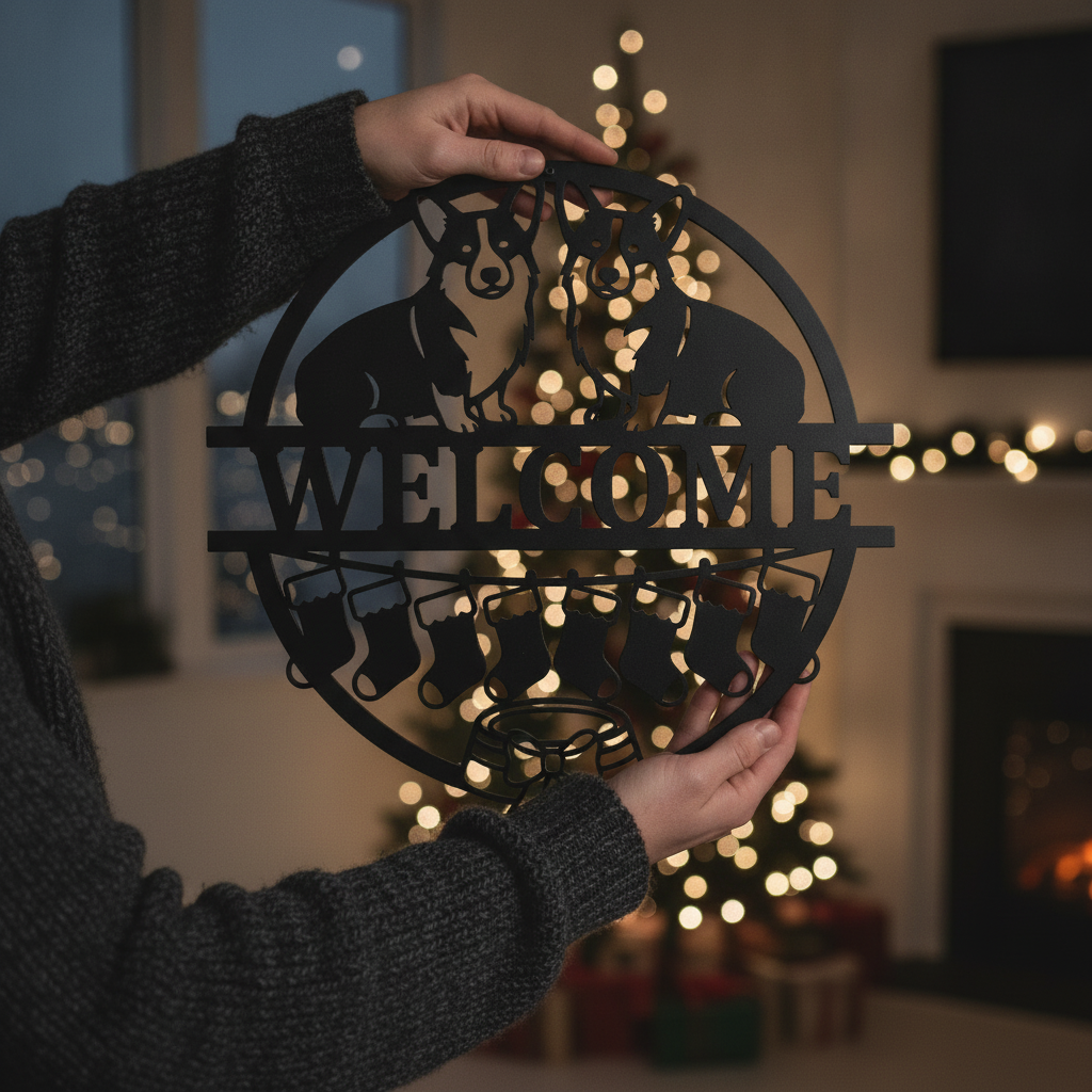 Round corgi Christmas welcome sign with stockings in black steel – image 7