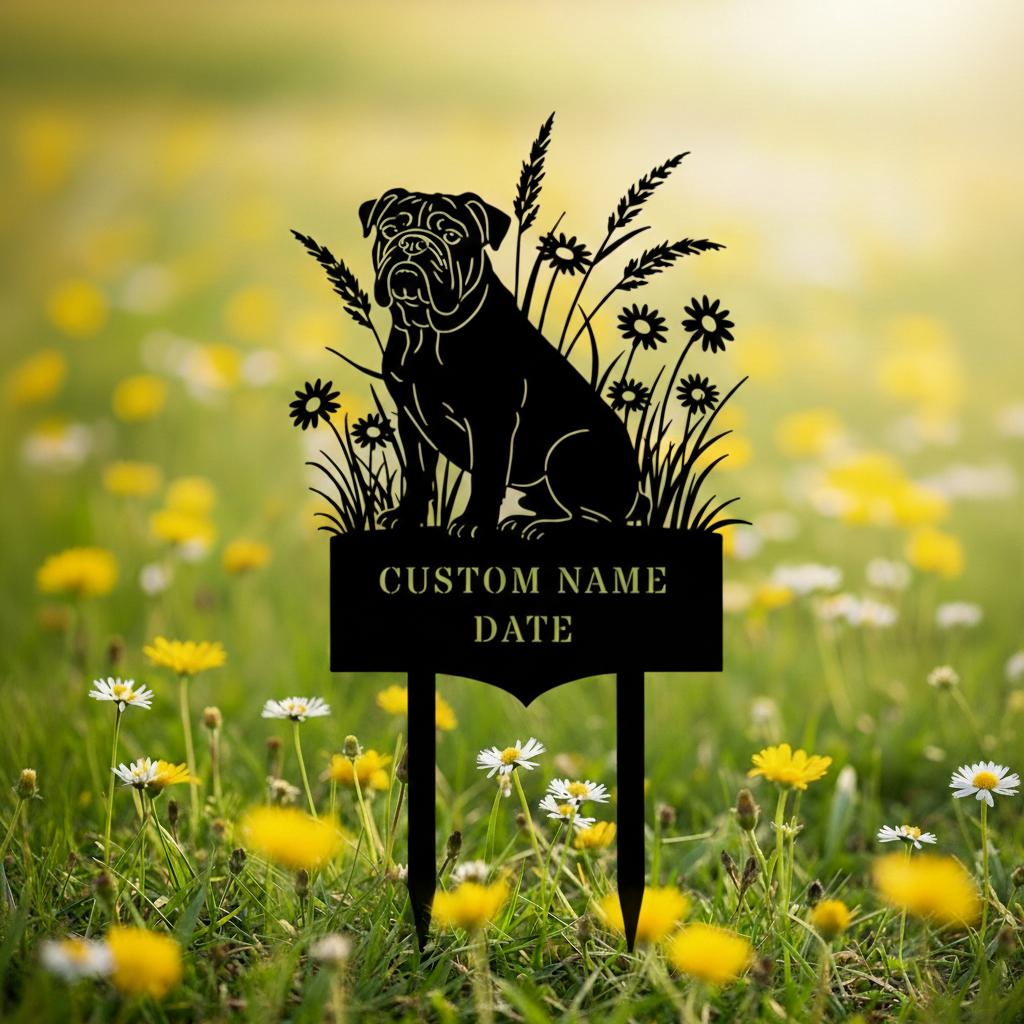 Personalized English Bulldog memorial garden stake with name and dates in black steel