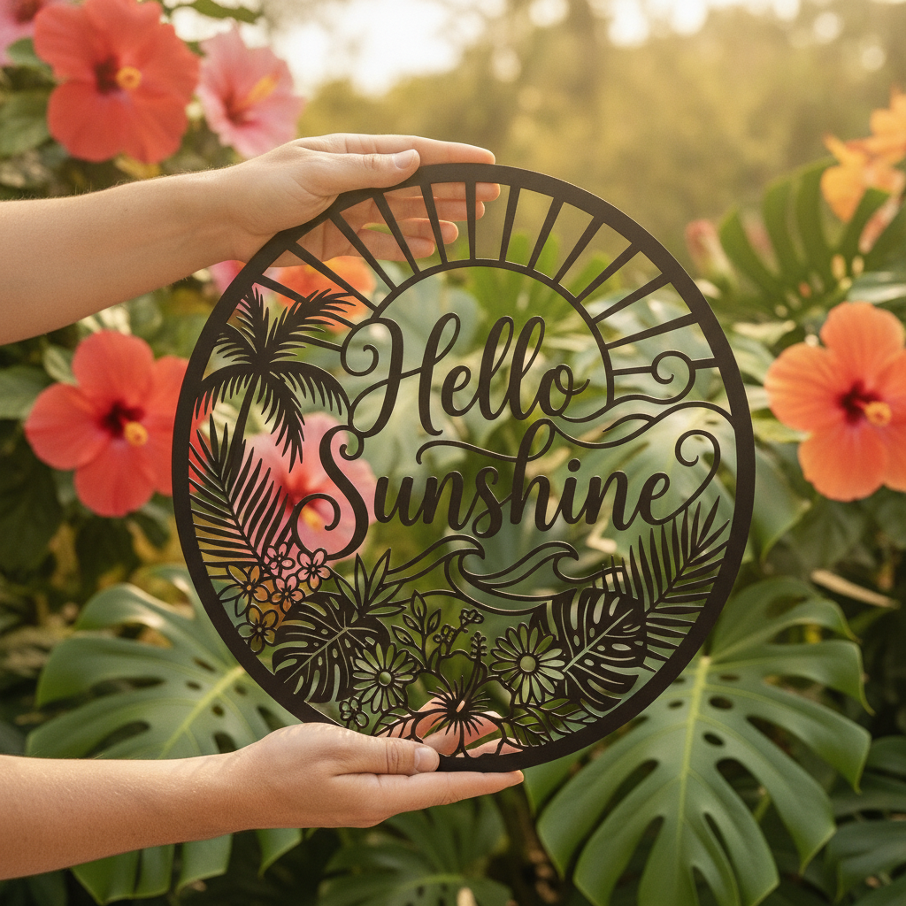 Rundes Metallschild Hello Sunshine mit Palmen, Sonne und Meer aus schwarzem Stahl – Bild 8
