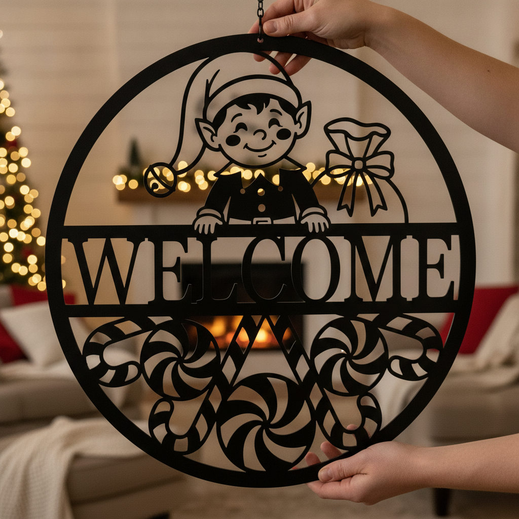 Christmas elf welcome sign in black steel for front door holiday decor – image 7