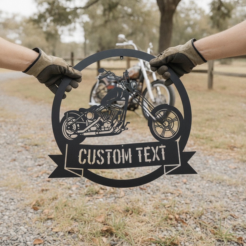 Personalized chopper motorcycle garage sign with name in black steel – image 9