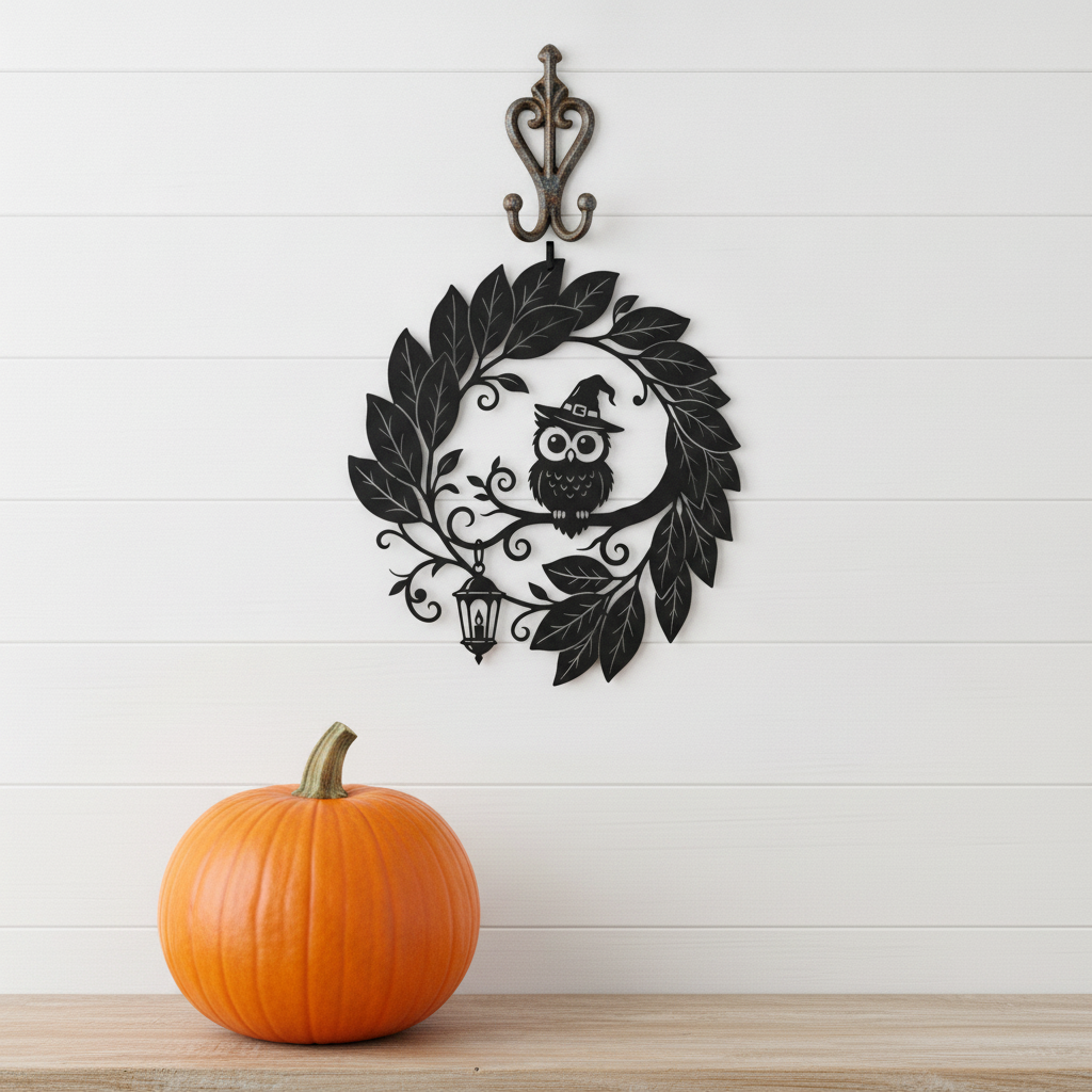 Round Halloween witch and owl metal sign with lantern and leaf wreath – image 10