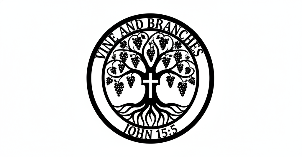 Round I am the vine John 15:5 metal sign with cross and tree in black steel