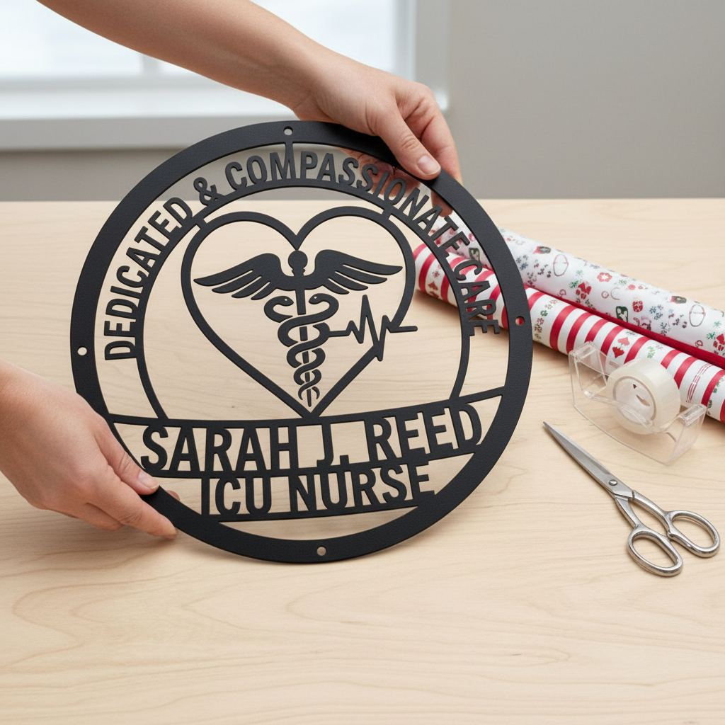 Personalized Compassionate Care nurse sign with caduceus and name in black steel – image 6