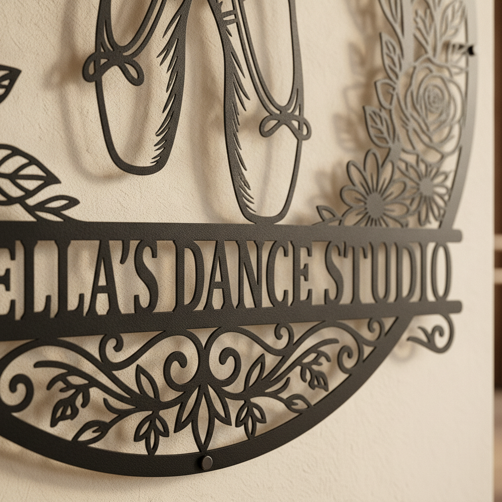 Personalized dance studio metal sign with dancer and name in black steel – image 6