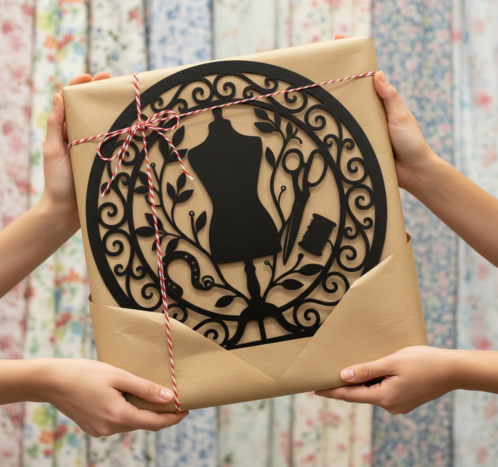 Personalized round sewing room metal sign with dress form, scissors, thread and name – image 7