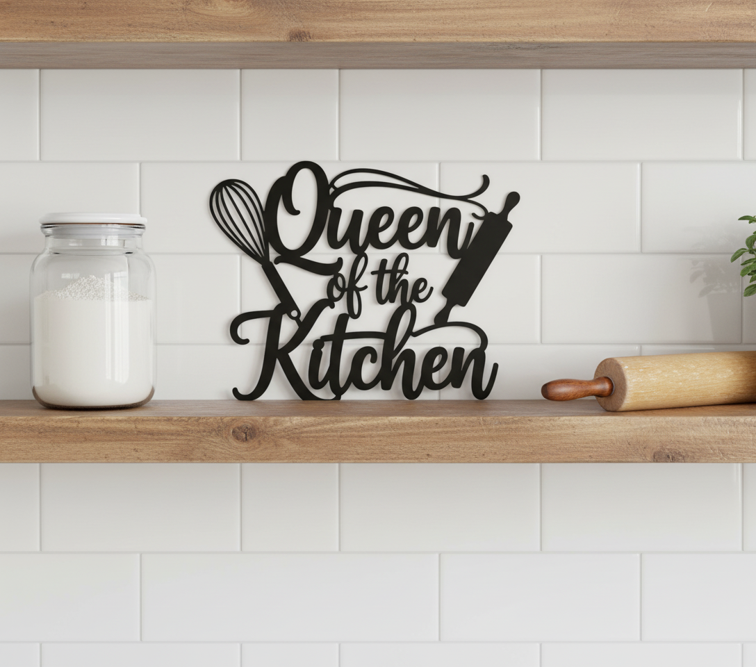 Queen of the Kitchen Metallschild mit Schneebesen und Nudelholz – Bild 10