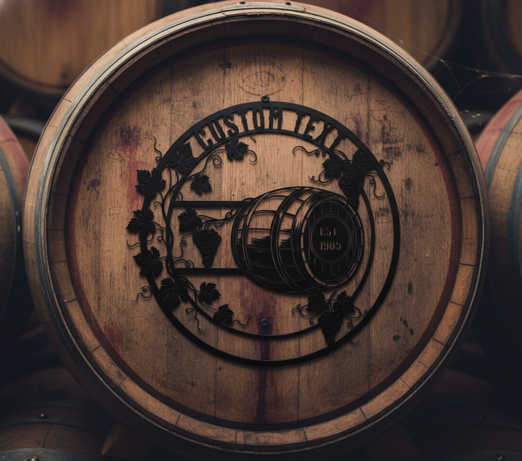 Personalized round wine barrel metal sign with grapevines, name and year – image 3