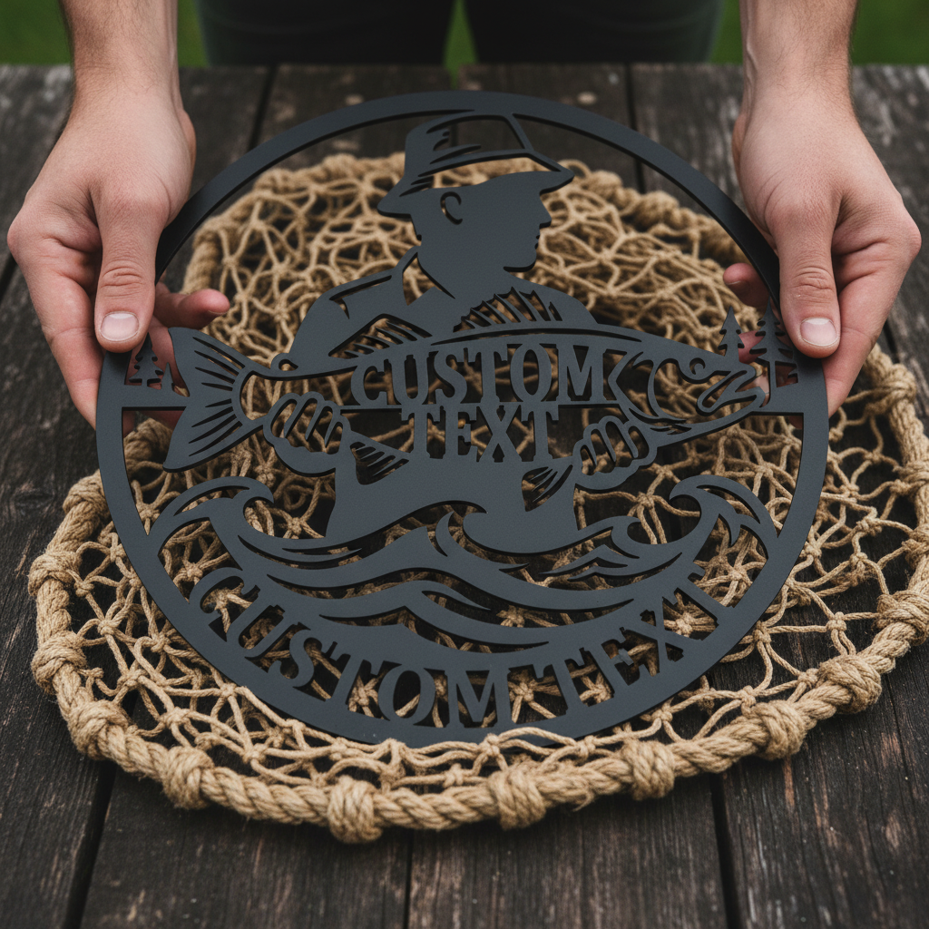 Personalisiertes Angler Metallschild mit Angelmotiv und Namen aus schwarzem Stahl – Bild 6