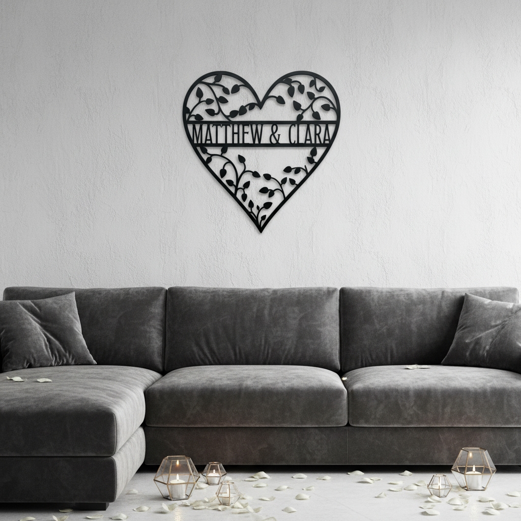 Personalized heart metal sign with leafy vines and couple names in black steel – image 9
