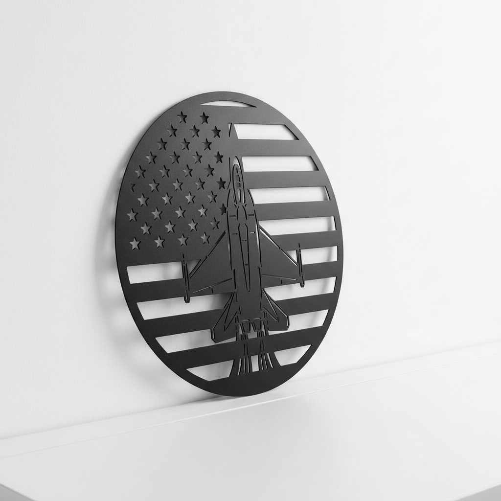 Round fighter jet metal sign with American flag in black steel – image 9