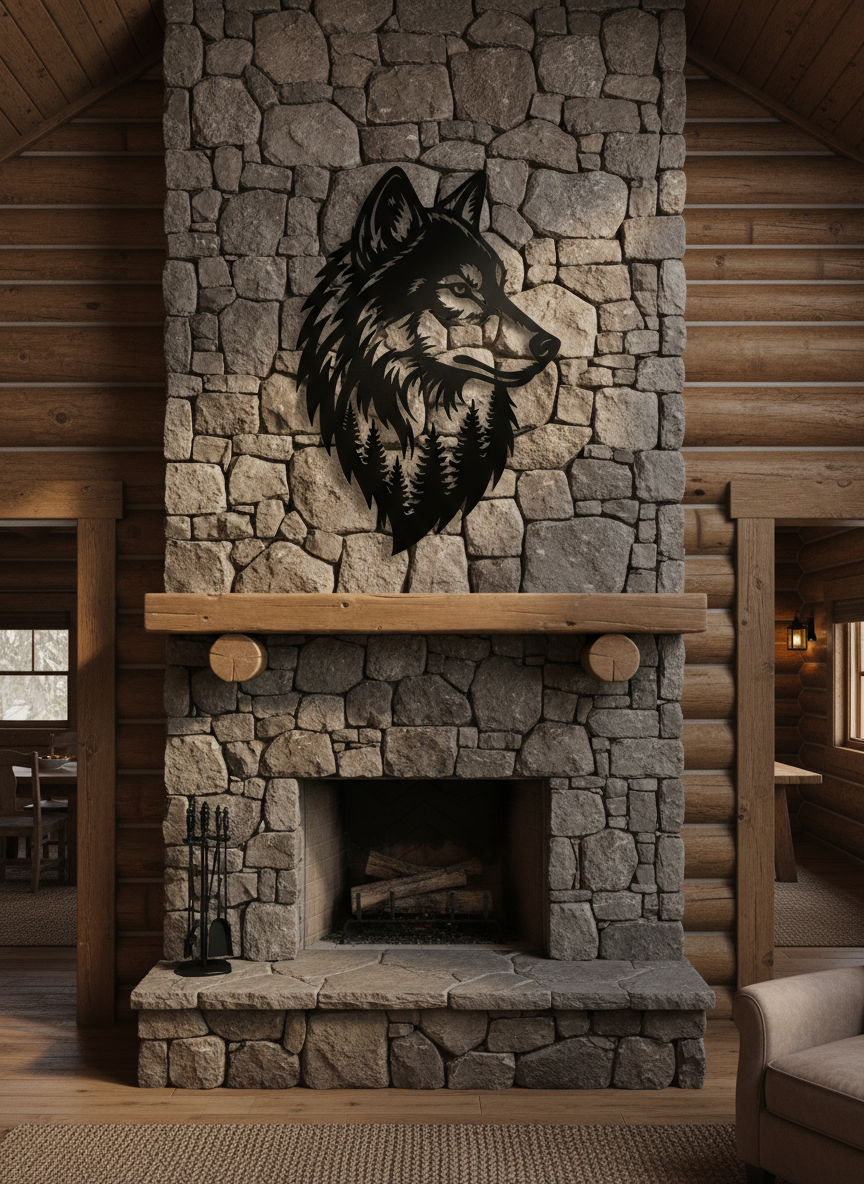 Wolf head metal wall art with forest and trees in black steel – image 2
