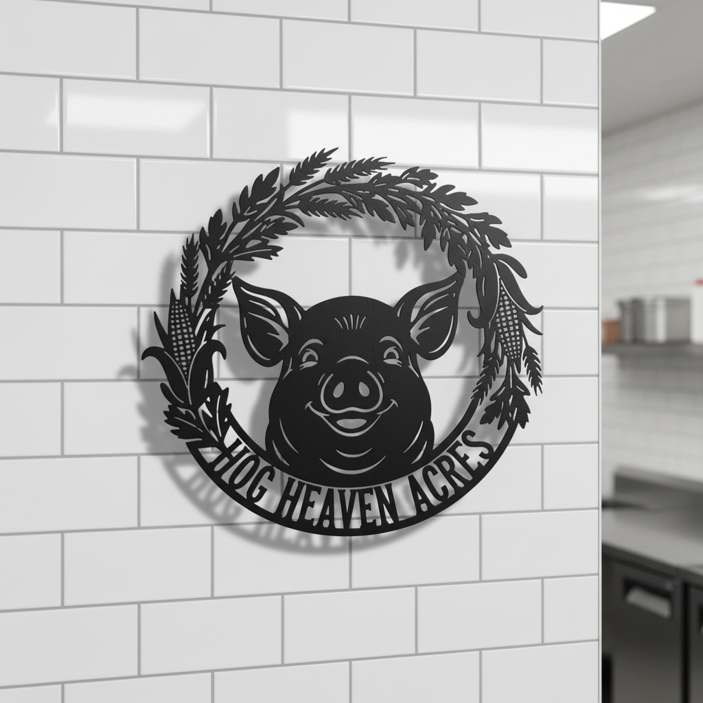 Personalized pig head farm sign with leaf wreath and name in black steel