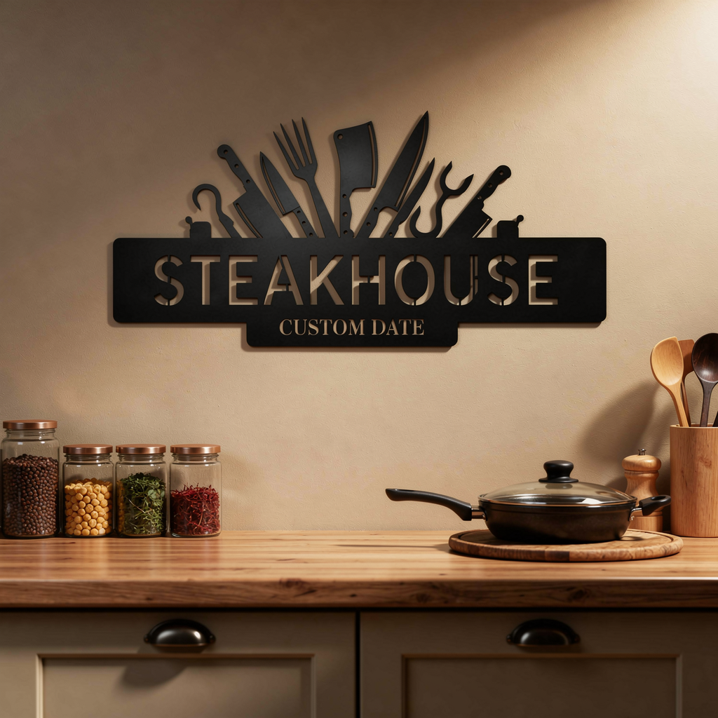 Personalized steakhouse metal sign with crossed knives, cleaver and name in black steel – image 10