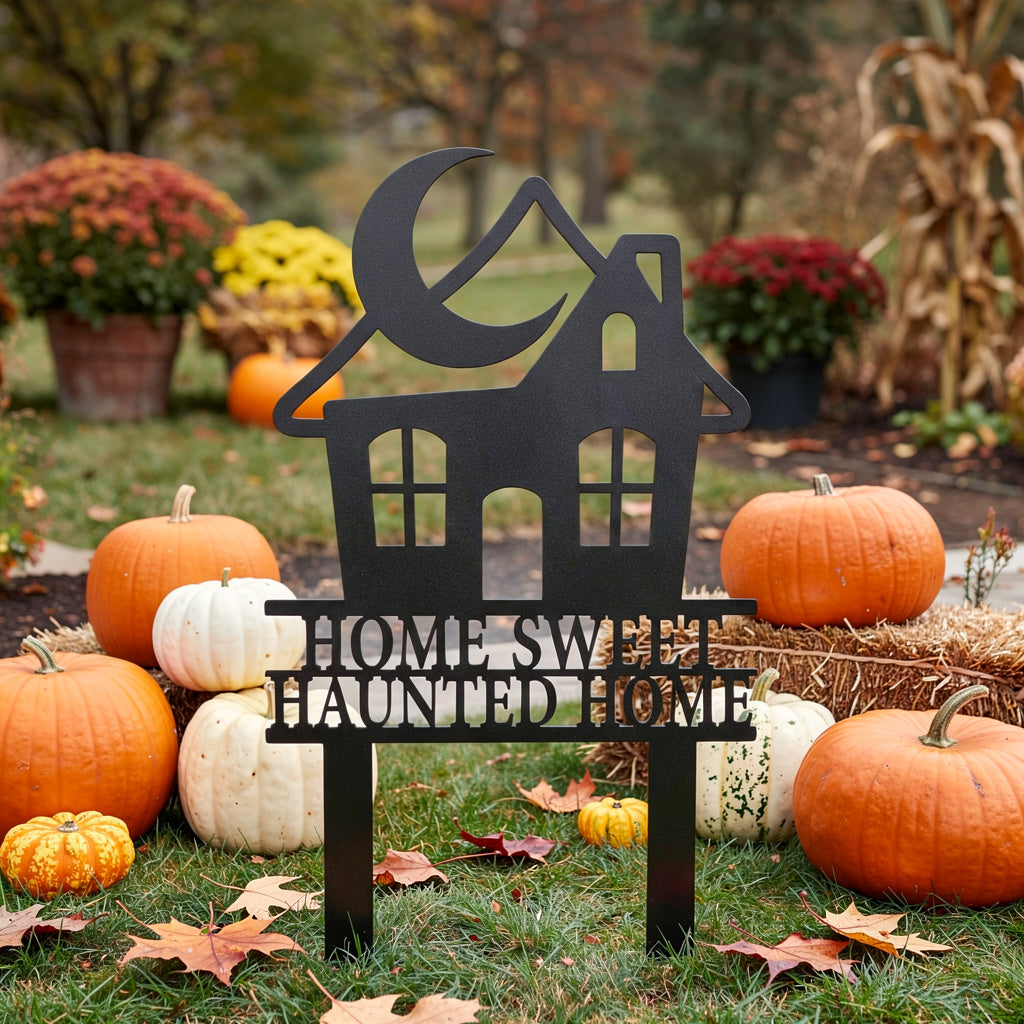 Home Sweet Haunted Home Halloween garden stake with haunted house in black steel – image 6