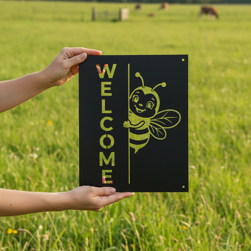 Square bumblebee welcome metal sign in black steel – image 8