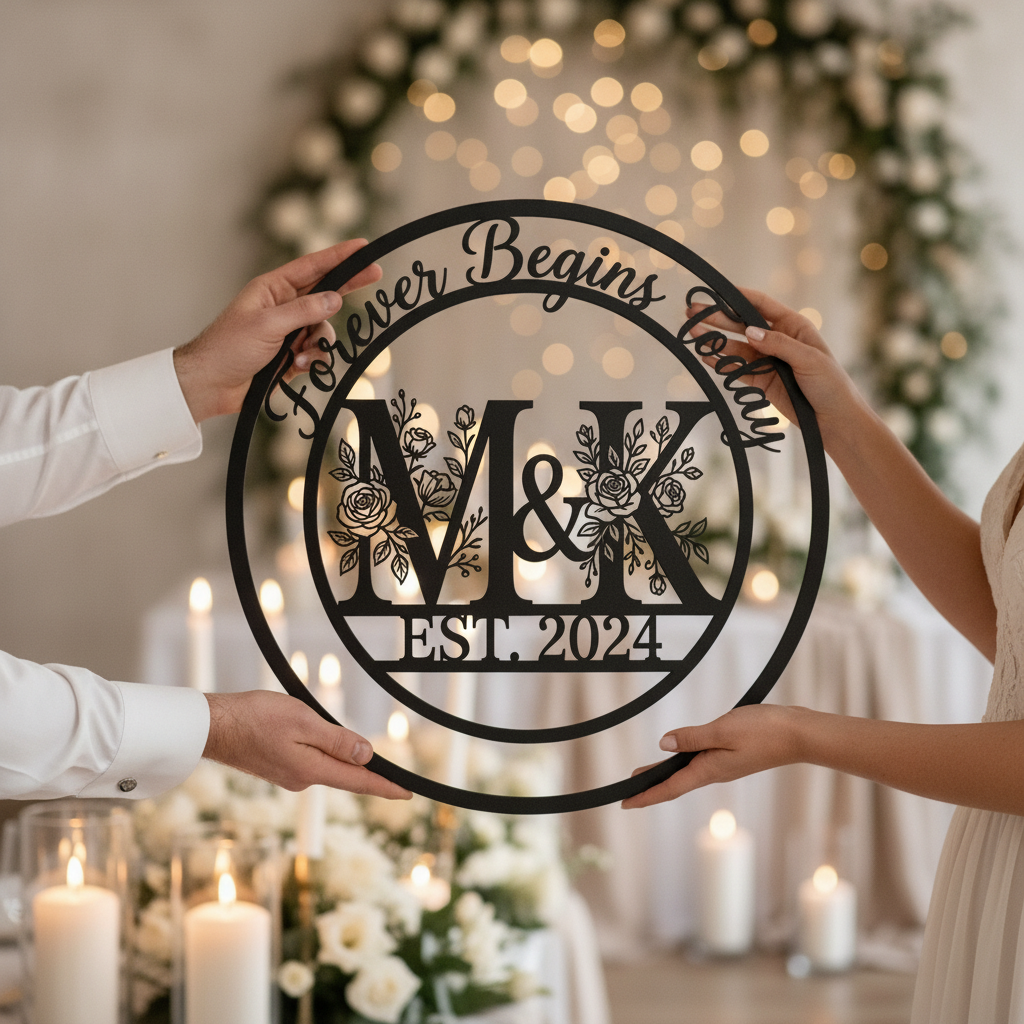 Personalisiertes Hochzeitsschild Forever Begins Today mit Monogramm, Namen und Datum – Bild 2
