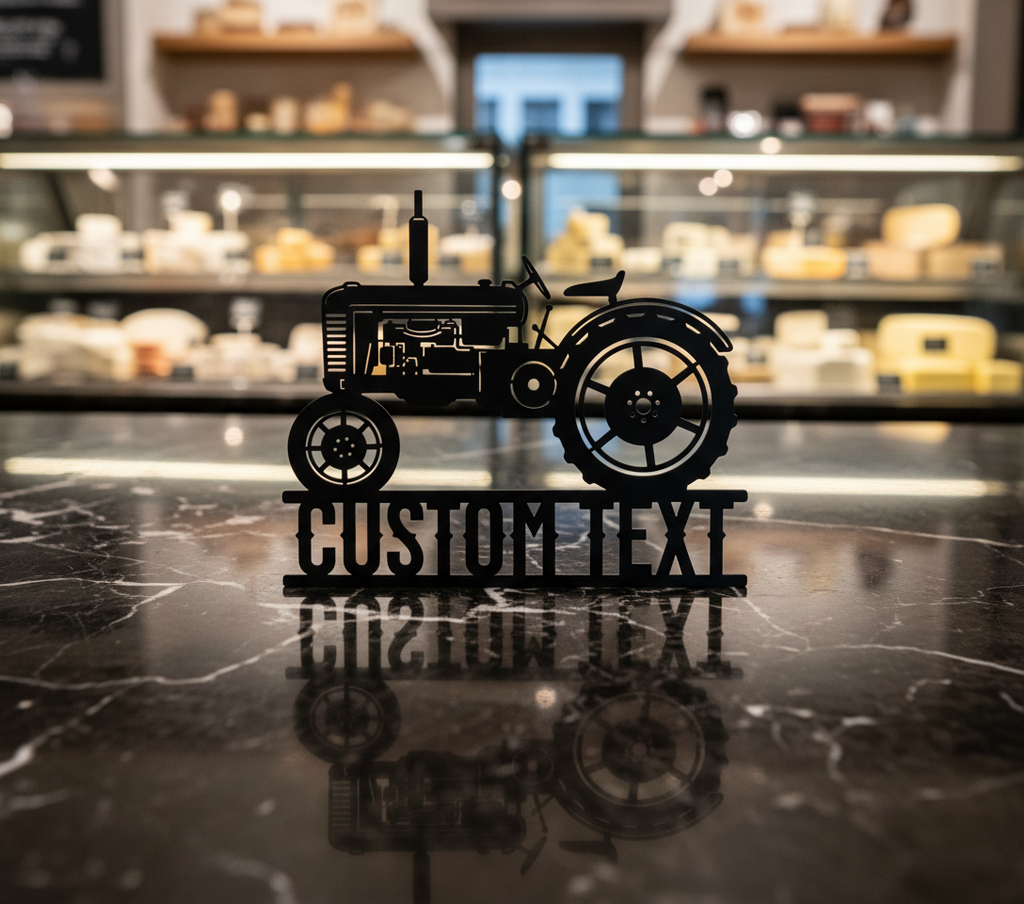 Personalized vintage tractor metal sign with farm name in black steel