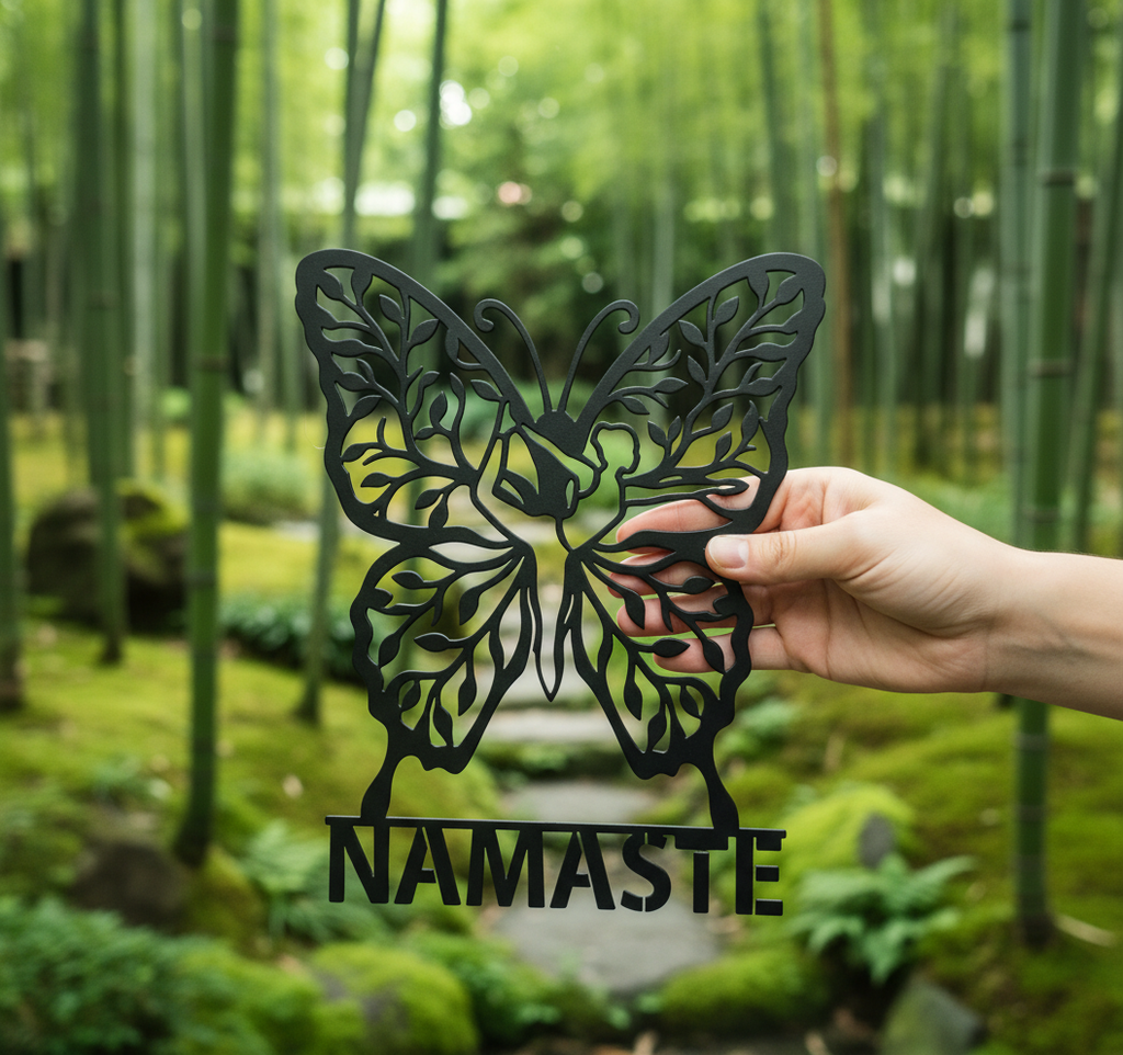 Yoga Wanddeko aus Metall mit meditierender Schmetterlingsfigur und Namaste – Bild 8