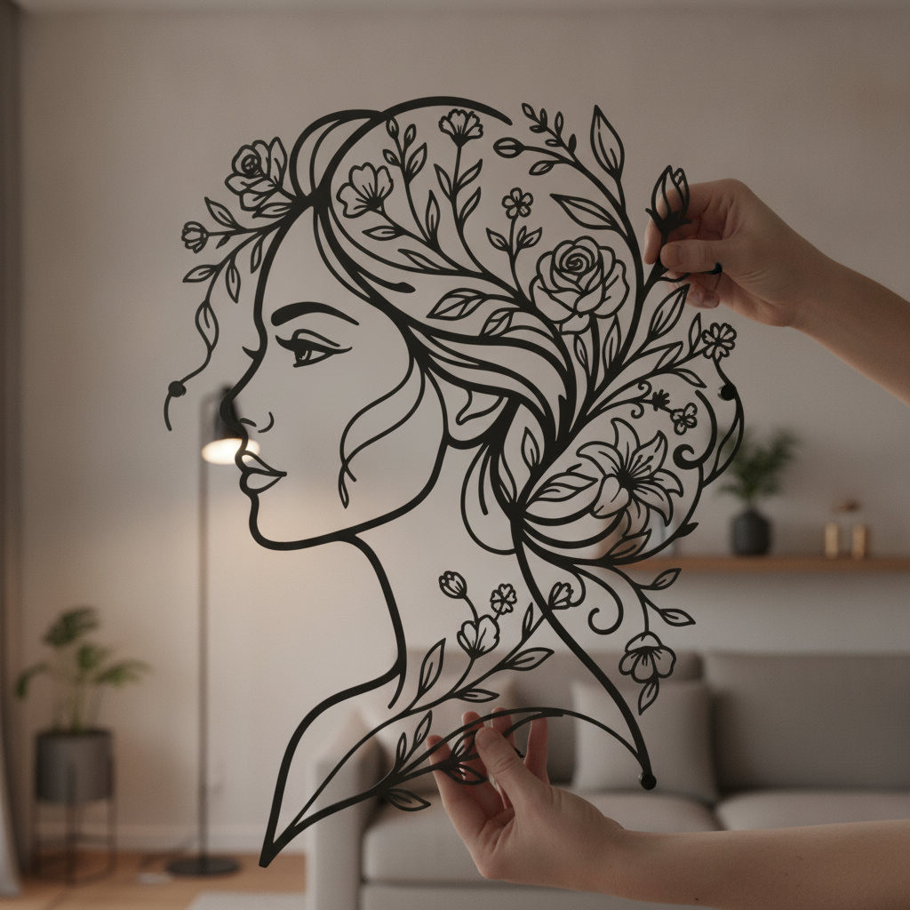 Personalized metal sign of a woman with flowers in her hair in black steel – image 5