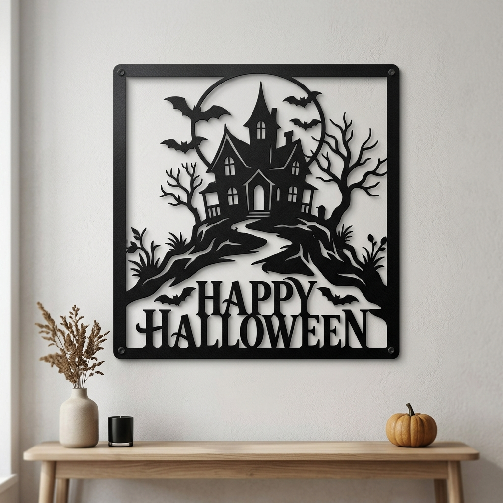 Happy Halloween Spukhaus mit Fledermäusen Metallschild quadratisch – Bild 2
