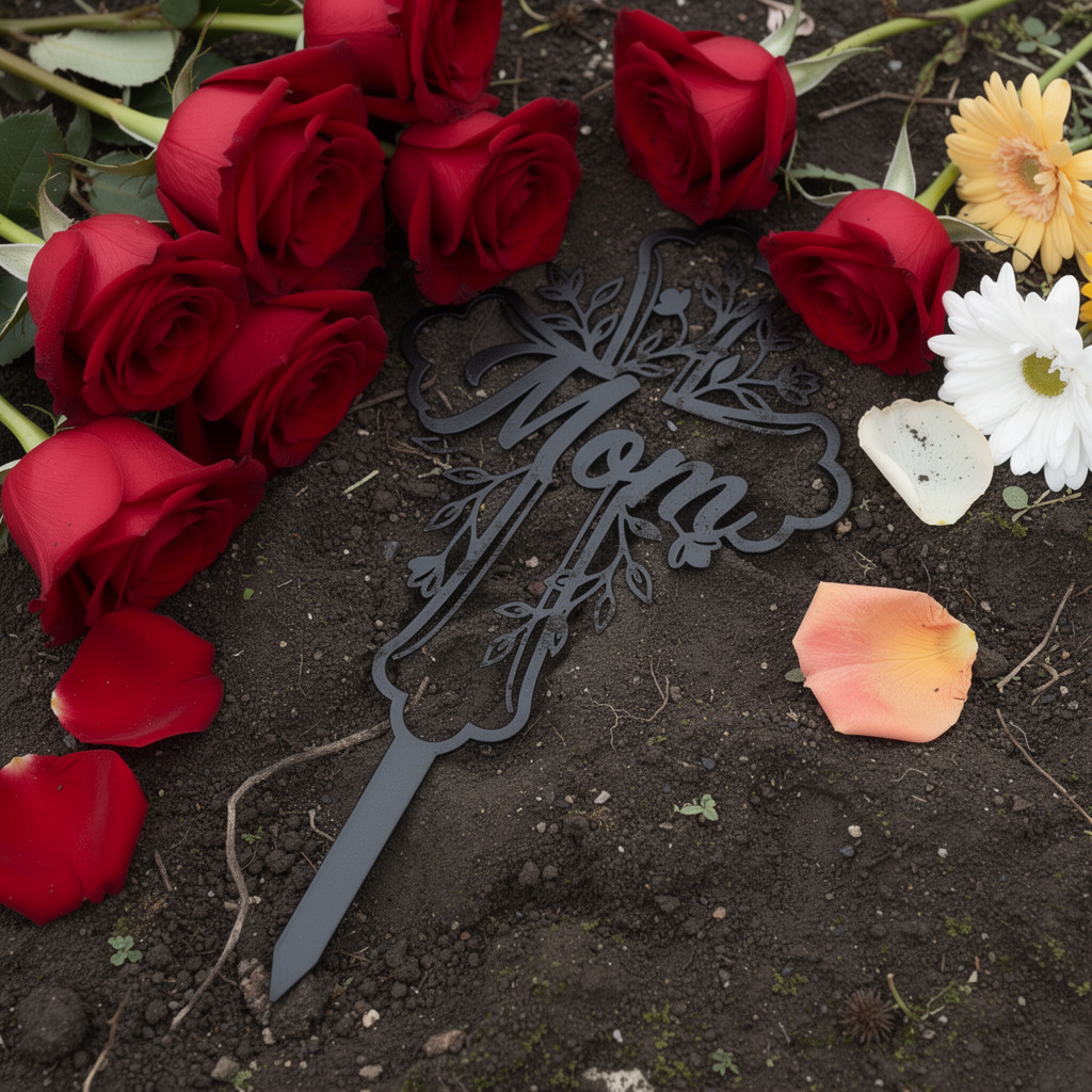 Gedenkstecker Mom mit Blumenkreuz als Grabschmuck aus schwarzem Stahl – Bild 10