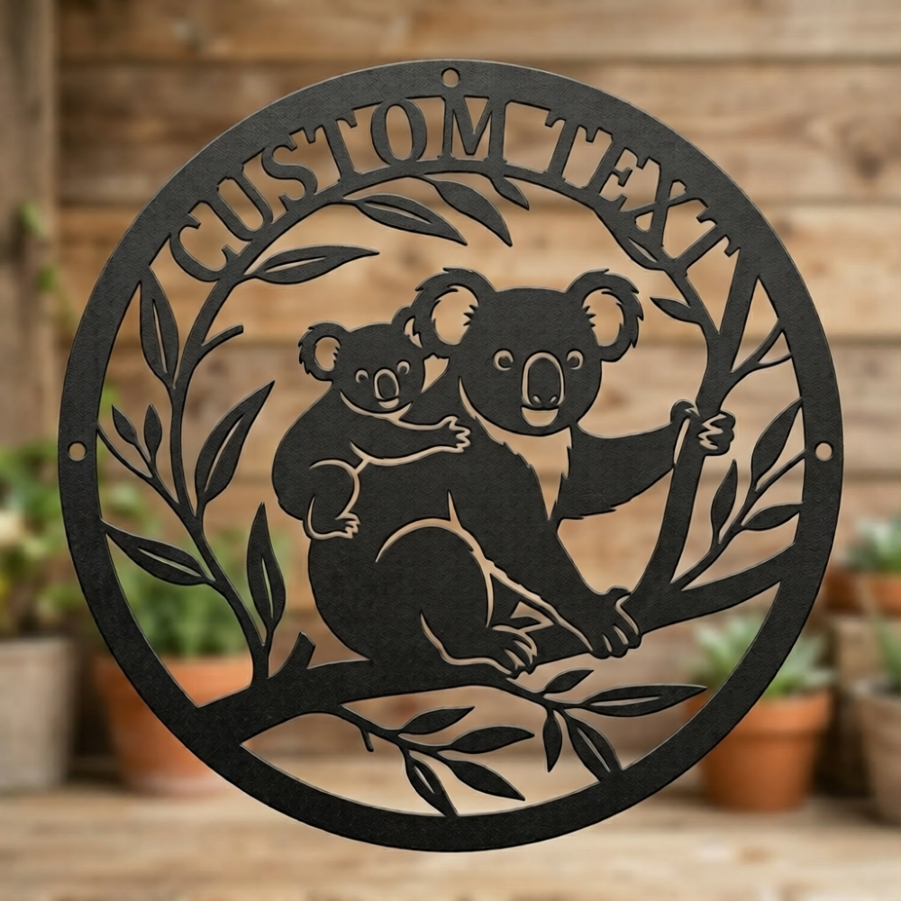 Personalized round koala baby name sign with eucalyptus in black steel