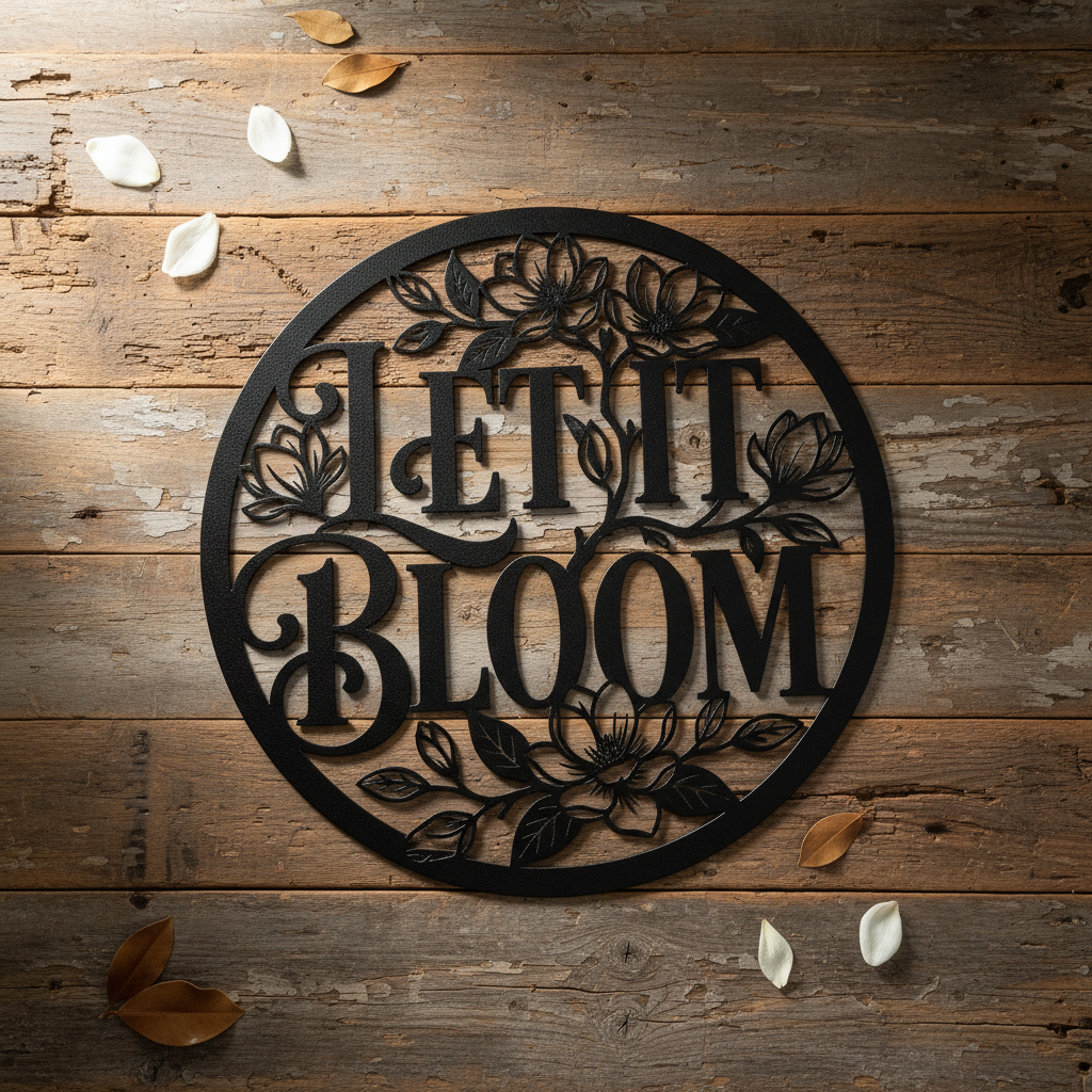 Personalisiertes rundes Gartenschild Let it Bloom mit Blumenkranz und Namen – Bild 2