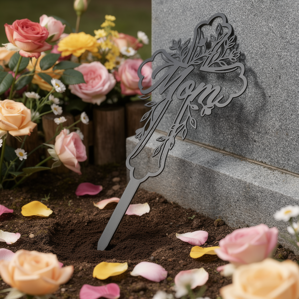 Gedenkstecker Mom mit Blumenkreuz als Grabschmuck aus schwarzem Stahl – Bild 6