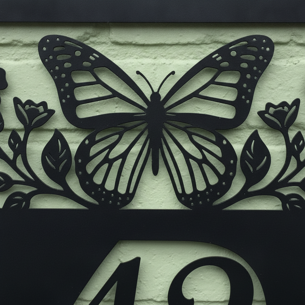 Personalized butterfly house number sign with flowers in black steel – image 4