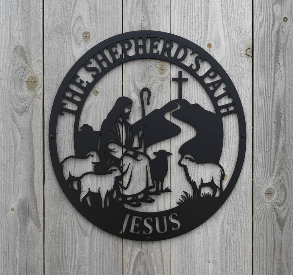 Rundes Metallschild Jesus der gute Hirte mit Lämmern und Kreuz aus schwarzem Stahl – Bild 9