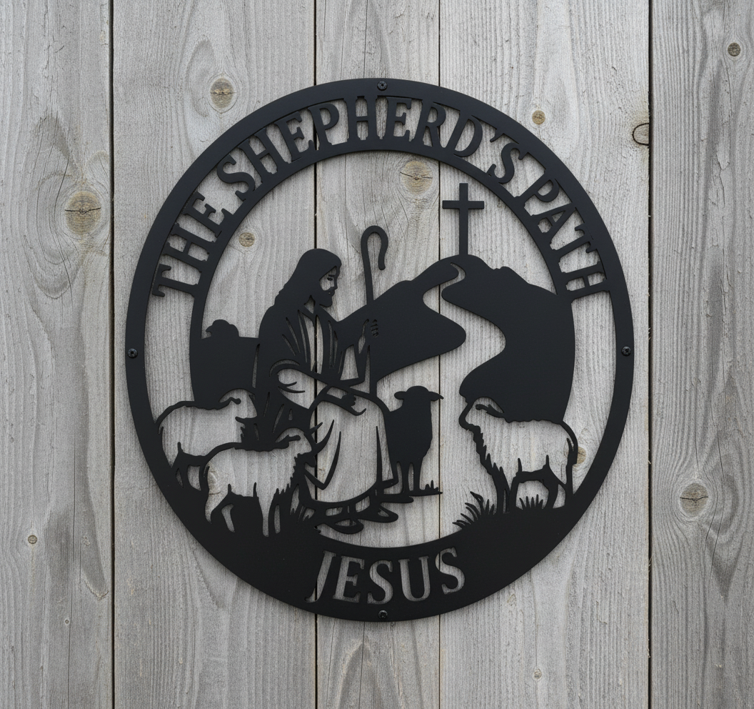 Rundes Metallschild Jesus der gute Hirte mit Lämmern und Kreuz aus schwarzem Stahl – Bild 9