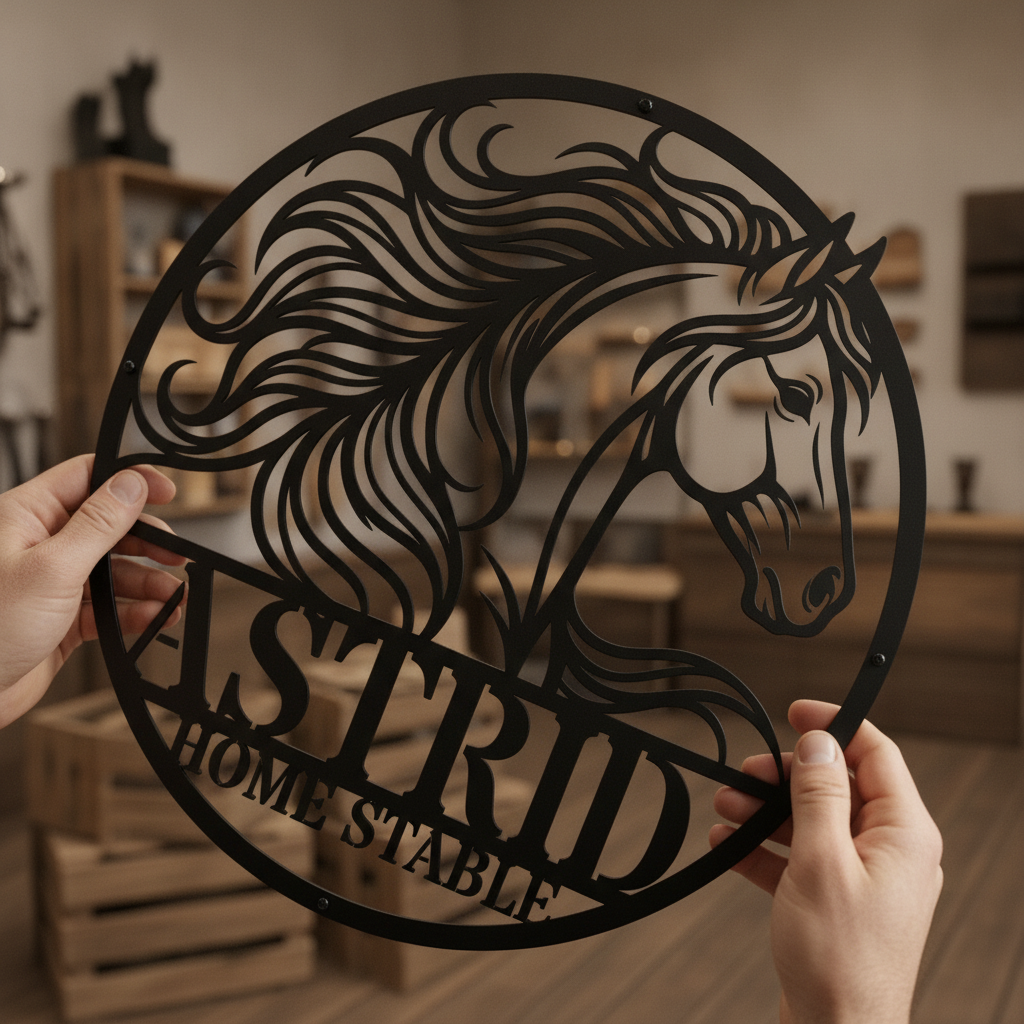 Personalized horse head stall sign with horse name in black steel – image 2