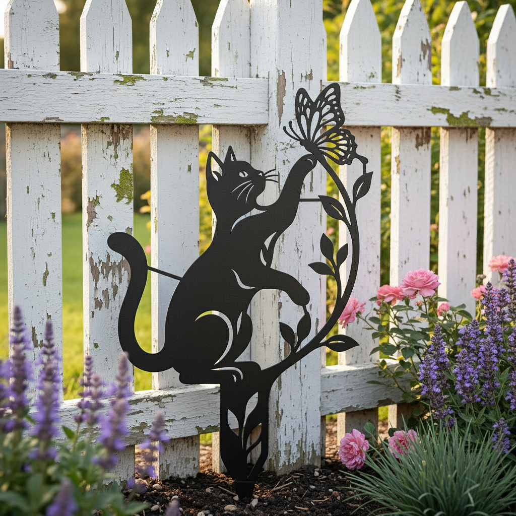 Verspielte Katze mit Schmetterling und Ranken Gartenstecker – Bild 6