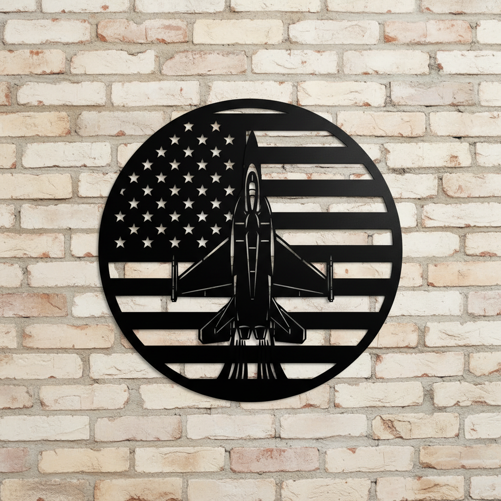 Round fighter jet metal sign with American flag in black steel – image 8