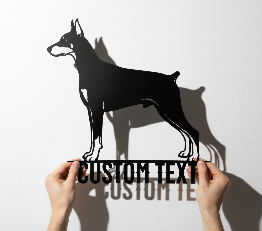 Personalized Doberman metal sign with standing dog and name in black steel – image 2