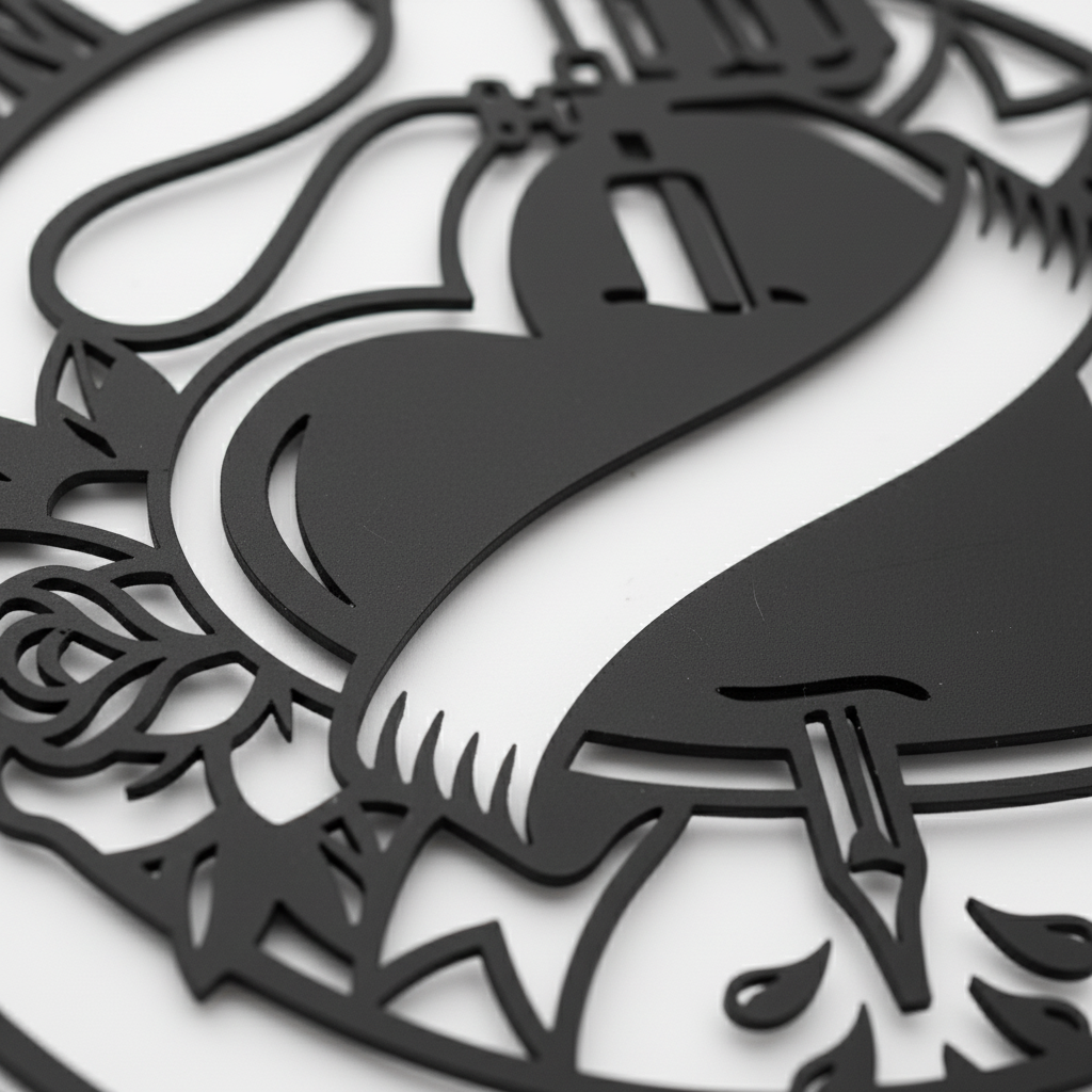 Personalized round tattoo studio sign with heart, rose and tattoo machine in black steel – image 10