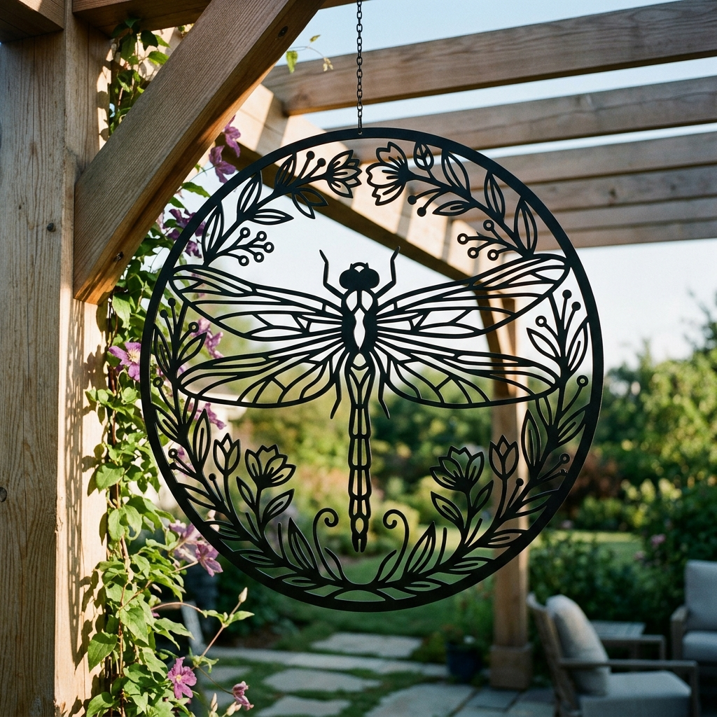 Rundes Libelle Metallschild im Blumenkranz aus schwarzem Stahl