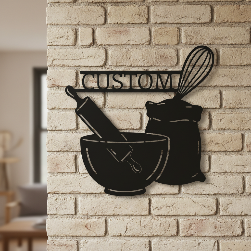 Personalized baking kitchen sign with mixing bowl, whisk and flour in black steel – image 9