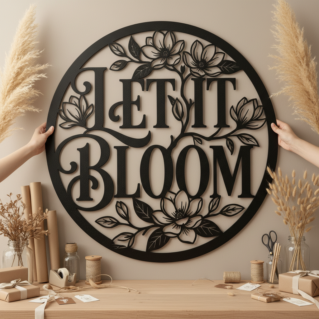 Personalisiertes rundes Gartenschild Let it Bloom mit Blumenkranz und Namen – Bild 9