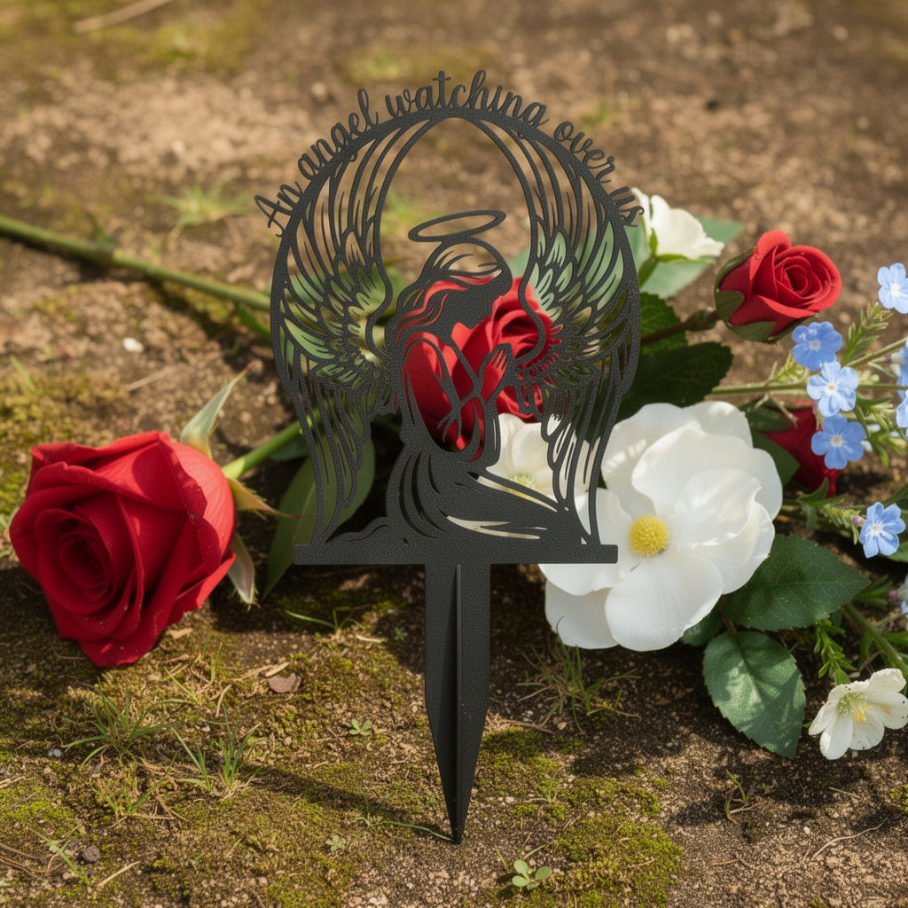 Guardian angel memorial stake with spread wings, An Angel Watching Over Us, black steel – image 7