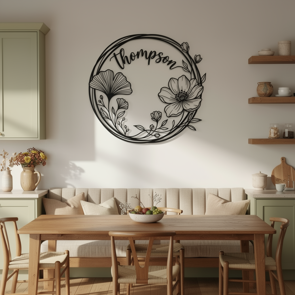 Personalisiertes rundes Familienschild mit Ginkgo- und Mohnblumenkranz aus schwarzem Stahl – Bild 10