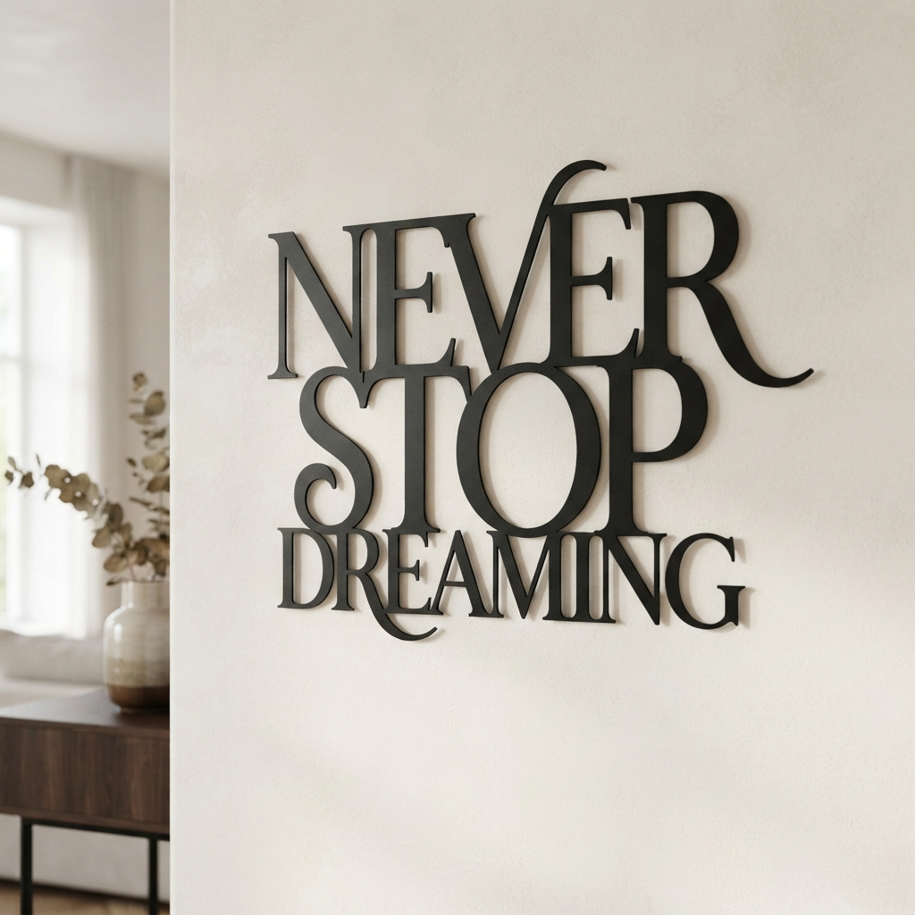 Metallschild mit Spruch Never Stop Dreaming als Wanddeko aus schwarzem Stahl